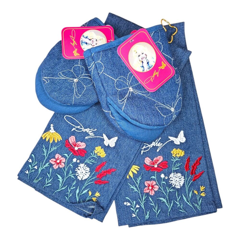 NEW Dolly Parton Denim Kitchen Towels & Mini Oven Mitts Floral Butterfly Set